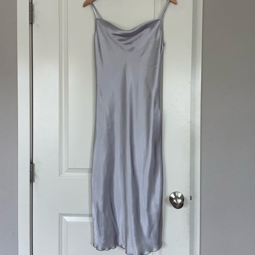 Silver silk satin slip on midi dress